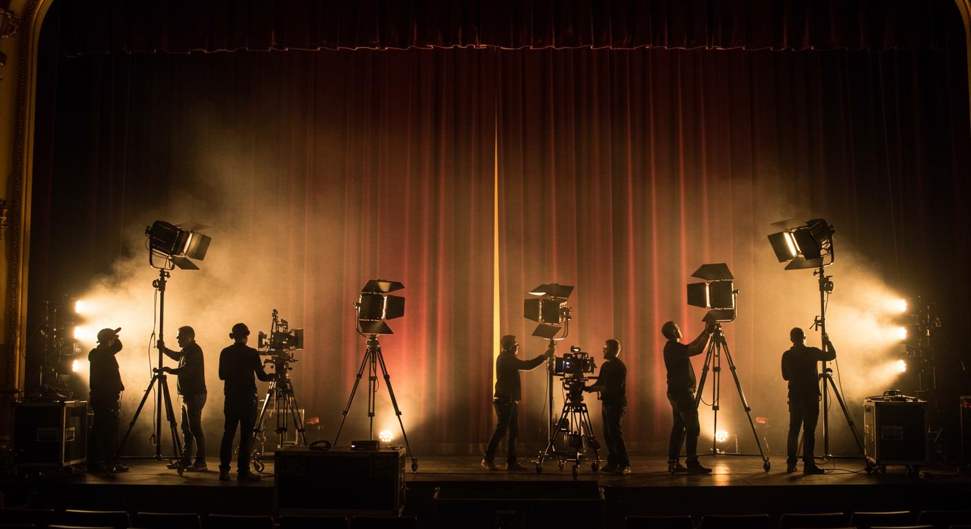 A stage crew silhouetted against rows of theatre lights, setting up before a show